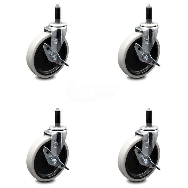 5 Inch Thermoplastic Wheel 1 Inch Expanding Stem Caster with Brakes, 4PK